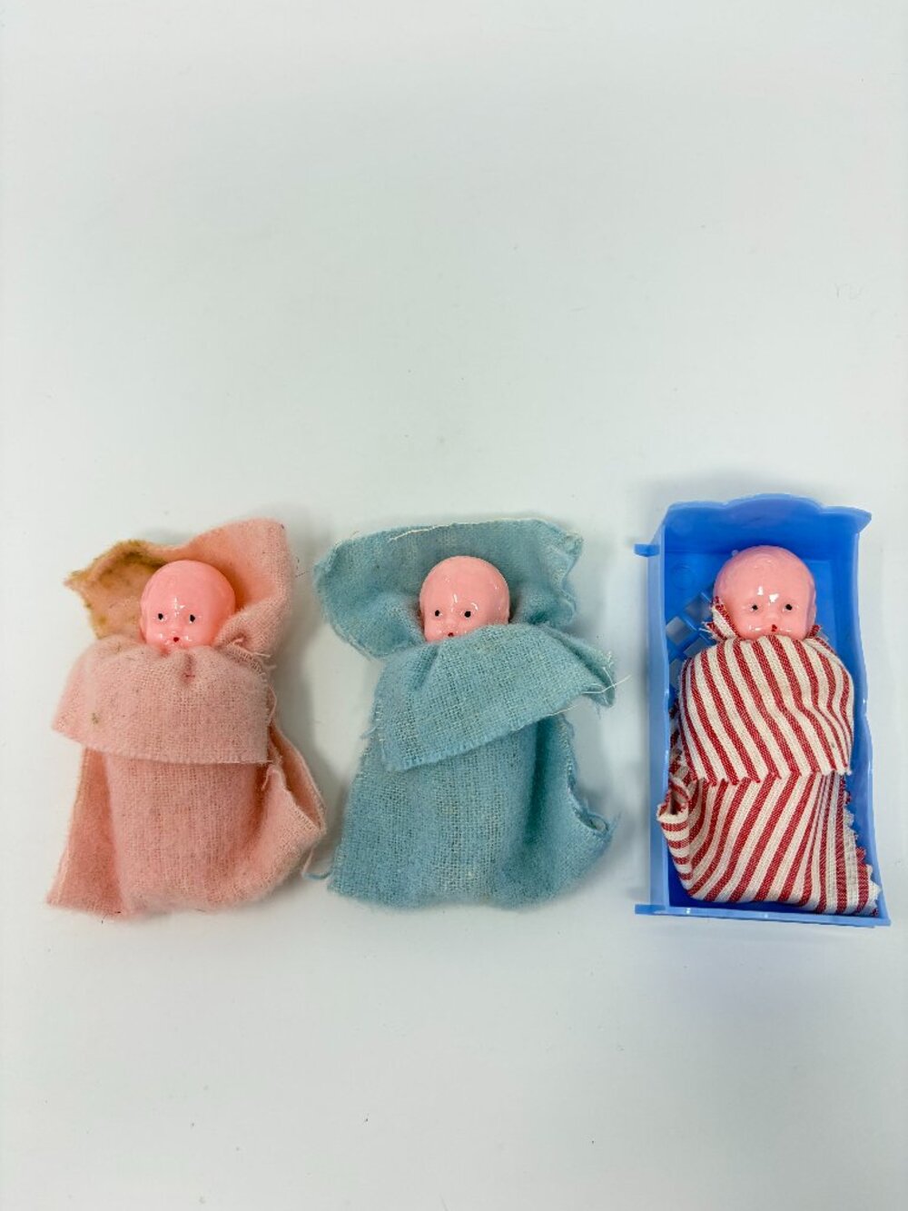 3 Vtg BEST Baby Doll USA Celluloid Plastic 3.25” Tall with Blue Cradle Dollhouse